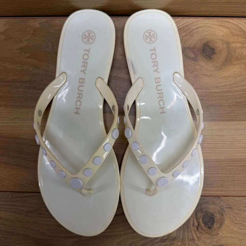 Tory Burch Jelly Studded Flip Flops Womens 7 Off White Vacation Travel Pool